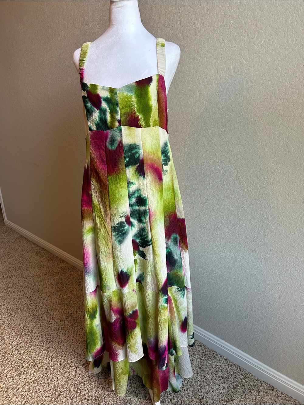ANTHROPOLOGIE Tiered Watercolor Ruffled Green, Pink, Teal Maxi Dress Size 16